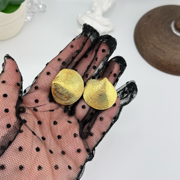 Gold Textured Seashell Statement Earrings – PVD Plated Stainless Steel - Picture 1 of 12